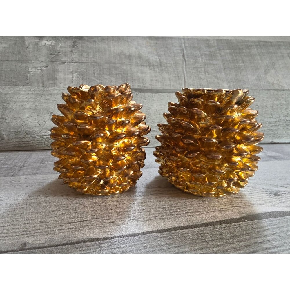 Department 56 Gold Pinecone Candle Holders Home Decor Table Accents 4" Tall